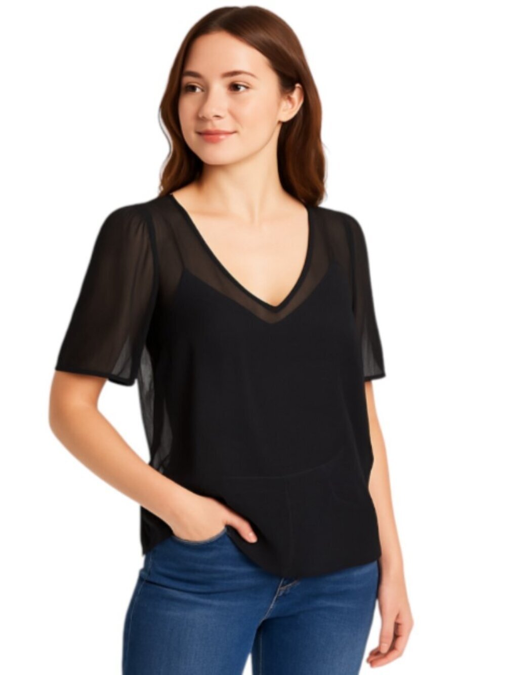 Express Small Black Sheer Blouse Deep V-Neck Short Puff Sleeve High Low Hem